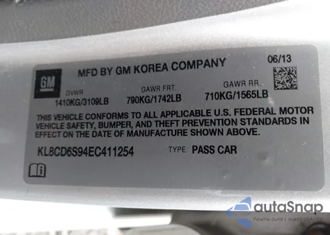 2014 Chevrolet Spark 1Lt Auto from USA, damaged, VIN KL8CD6S94EC411254